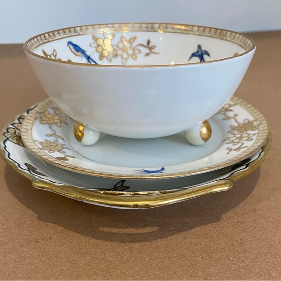 Vtg Nippon Hand Painted Small Bowl Saucer and Dessert Plate Gold Blue Birds - Picture 3 of 13